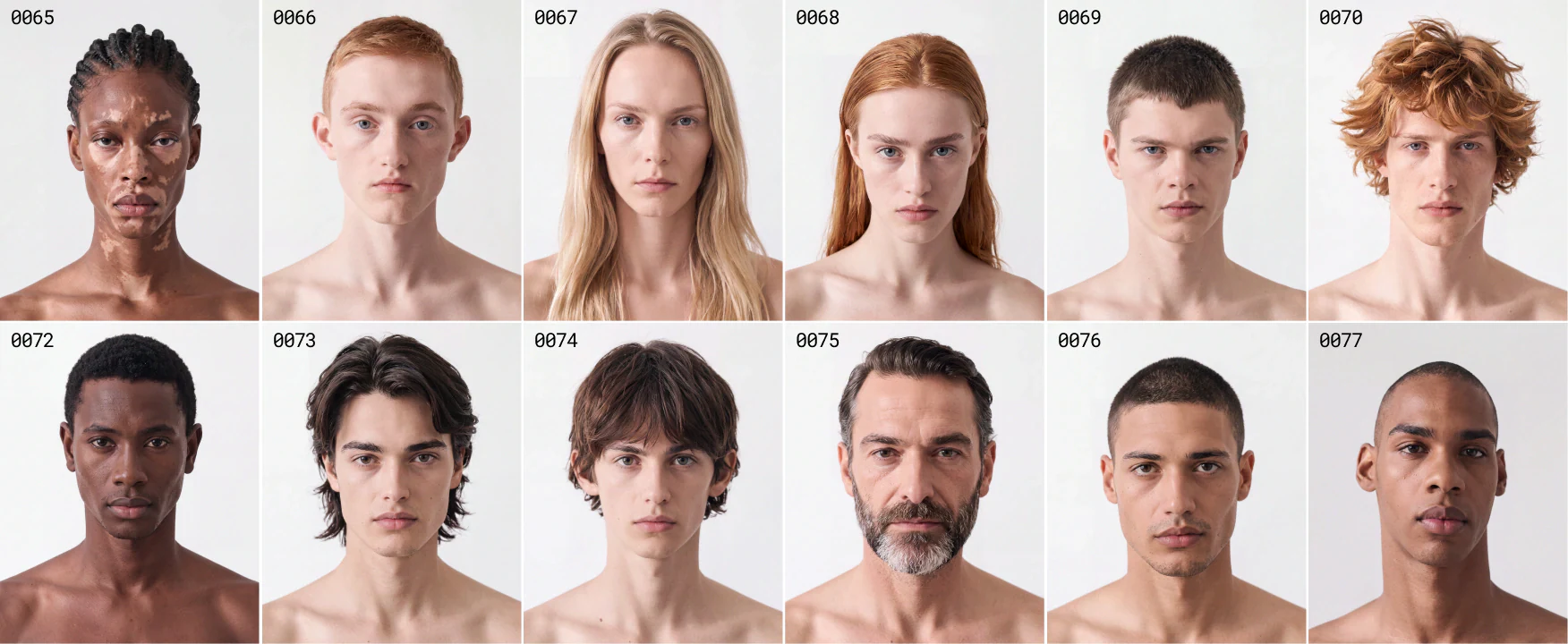 Two rows of Genera AI fashion model portraits, shot frontally on the same grey backdrop