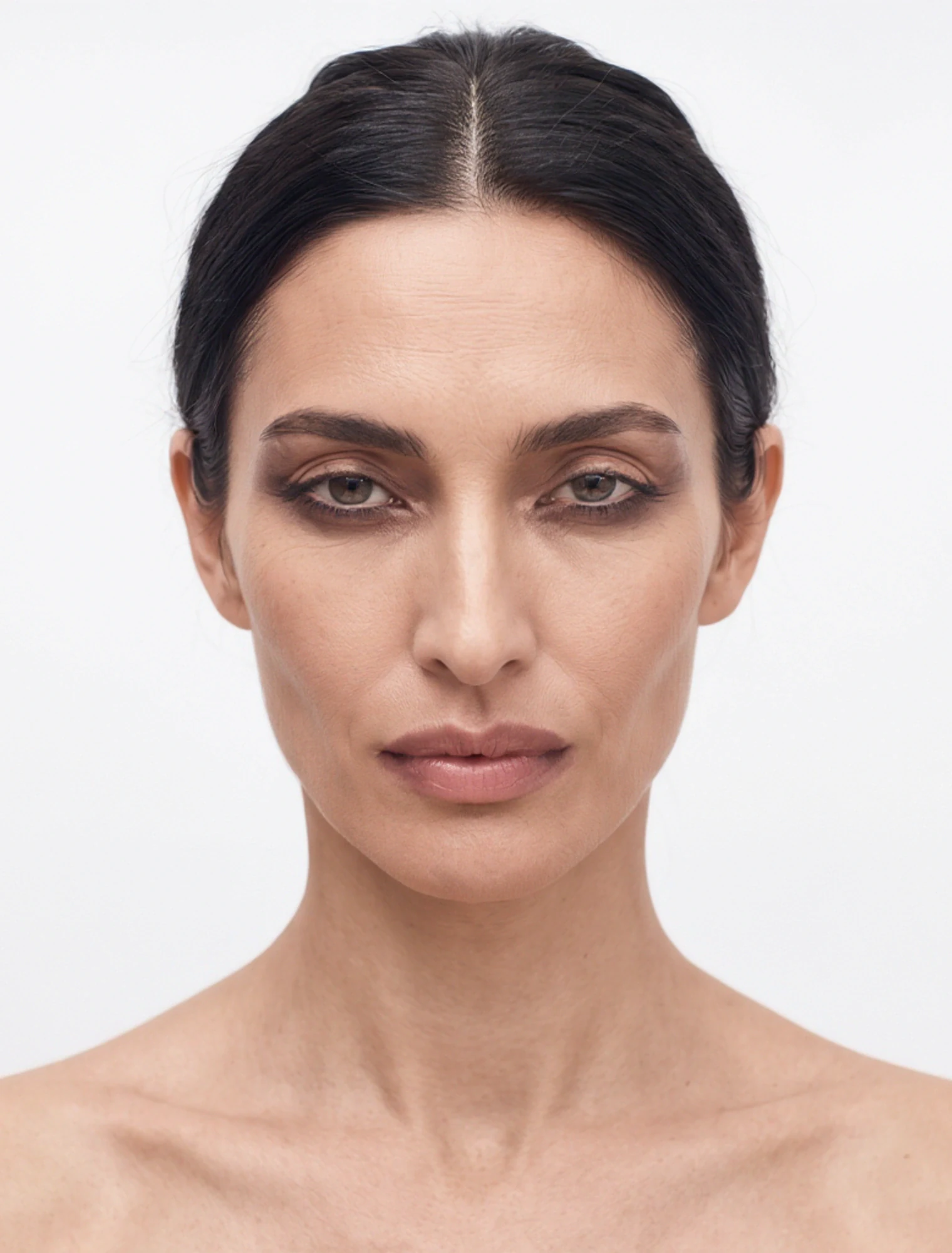 AI-generated on-model image: editorial make-up, straight-on close-up portrait