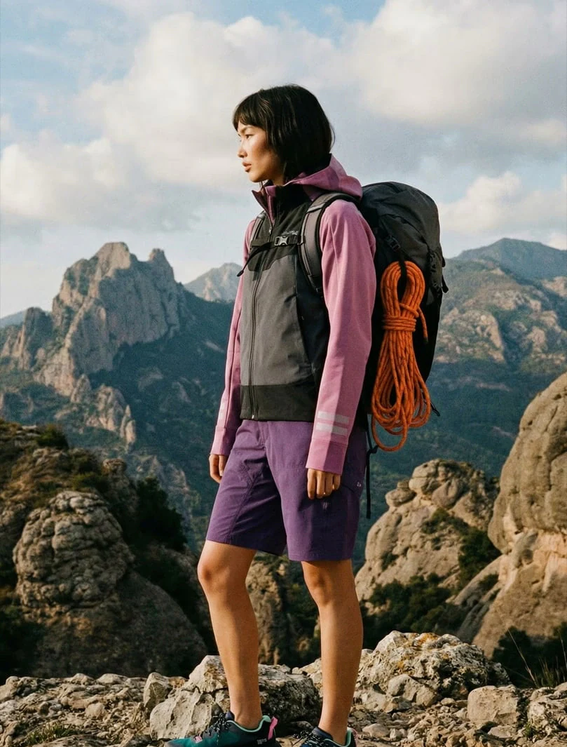 AI-generated on-model image: hiking layers and a pack photographed on a rock face
