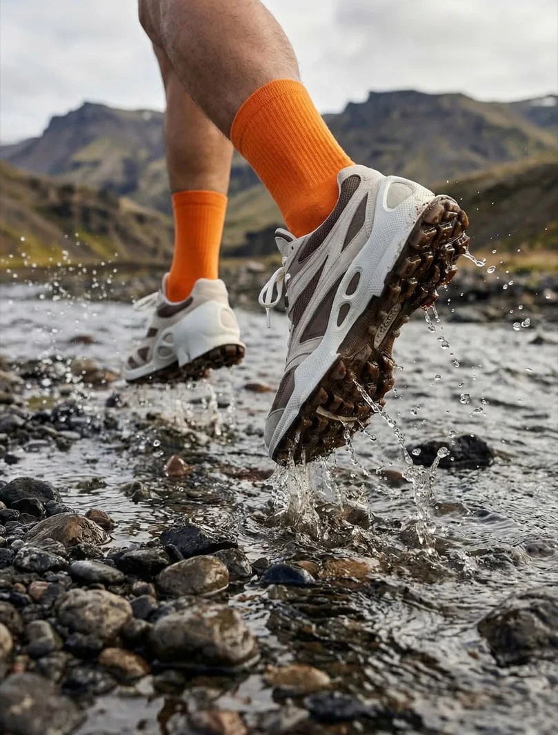 AI-generated on-model image: trail running shoe and sock photographed in a stream