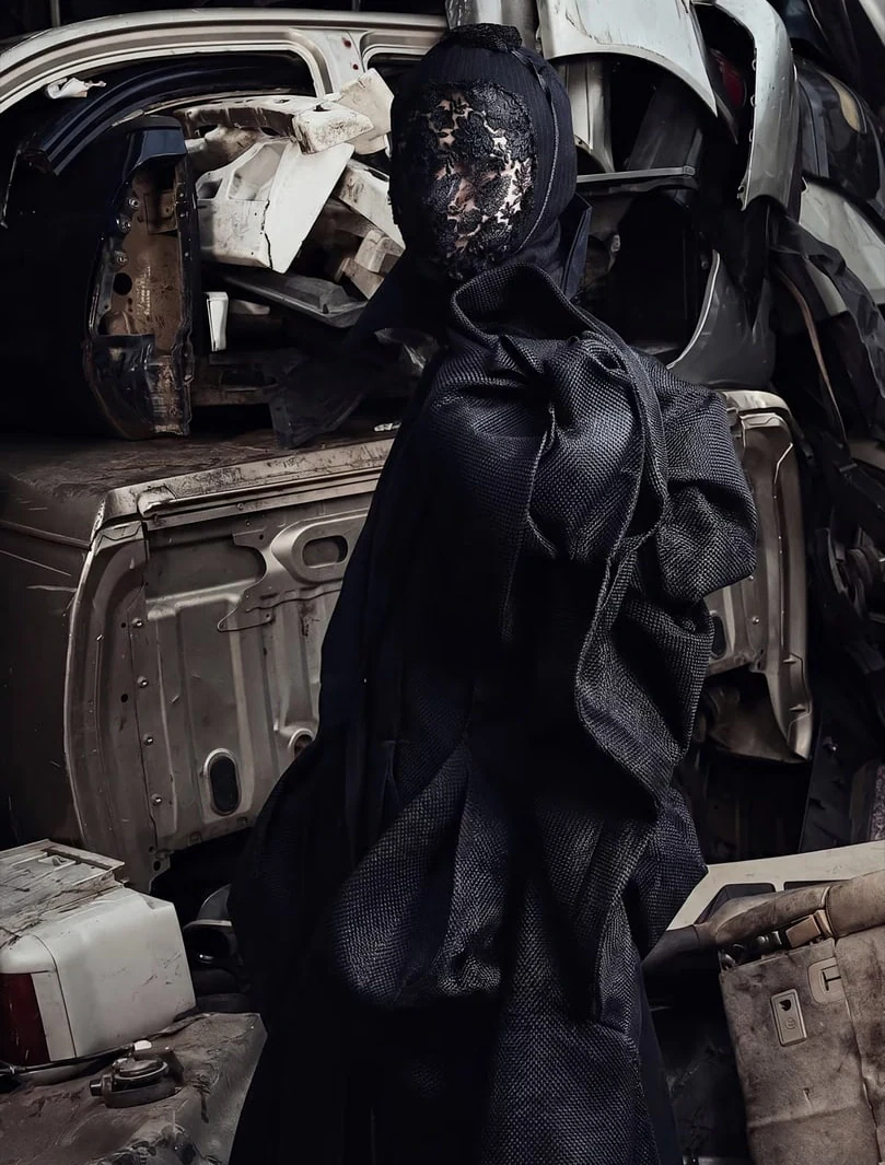 AI-generated on-model image: a black draped look photographed on a salvage set