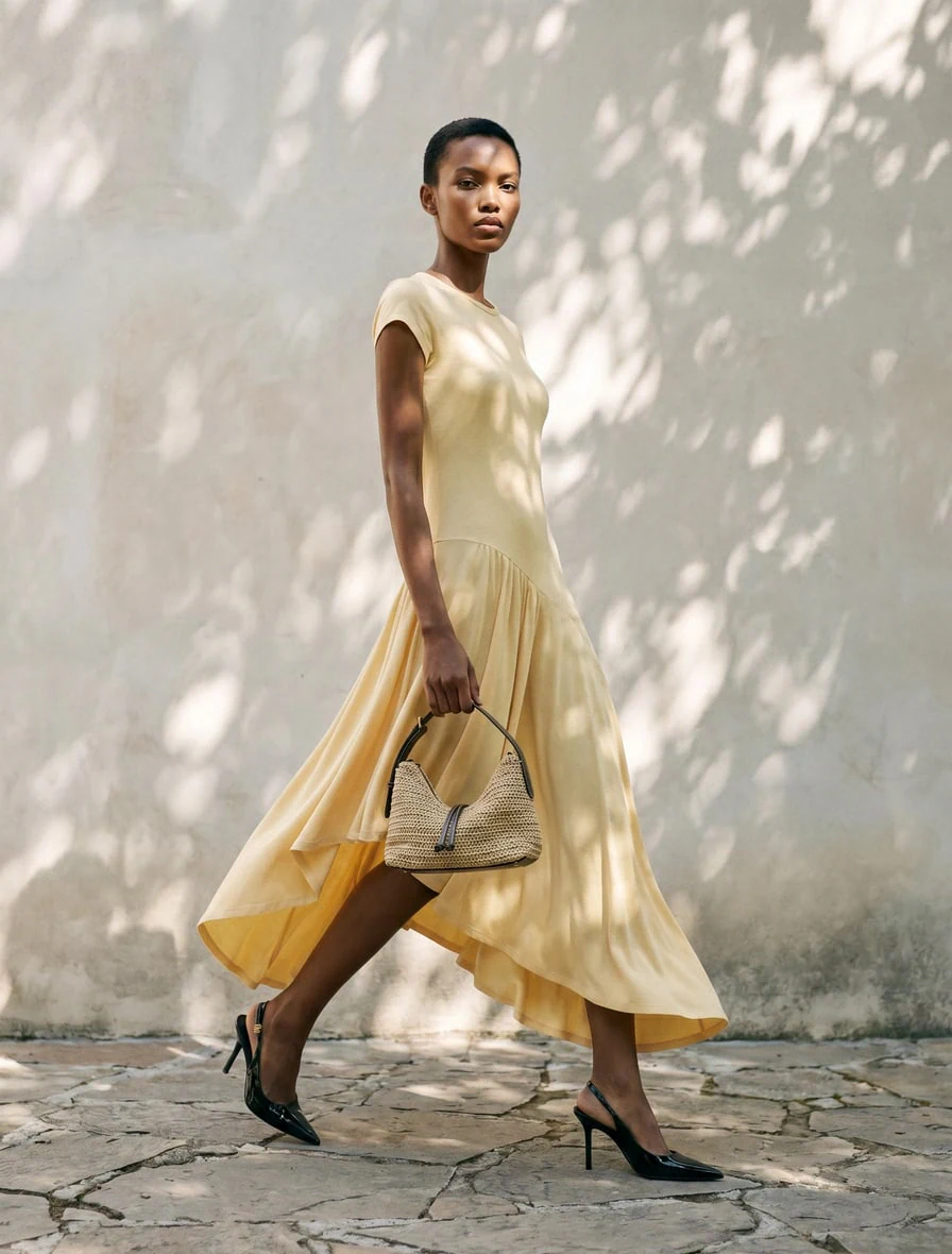 AI-generated on-model image: yellow satin dress photographed walking in dappled light