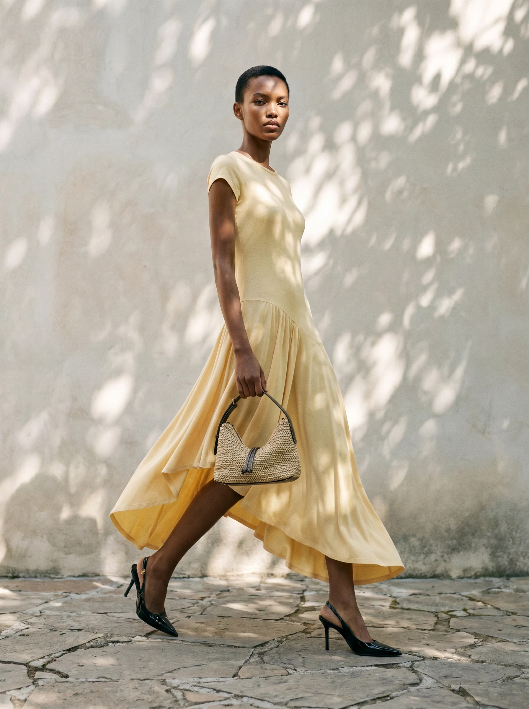 Sun silk dress on an AI model in an outdoor editorial scene