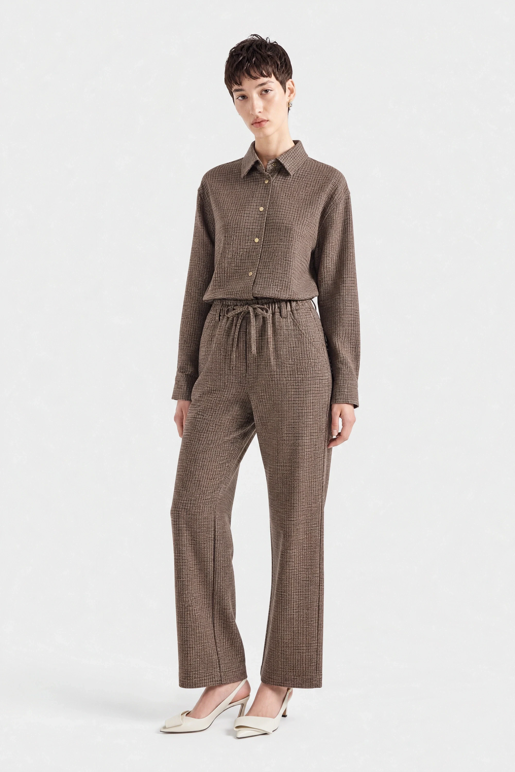 A tailored set shown worn, full length, on a plain background