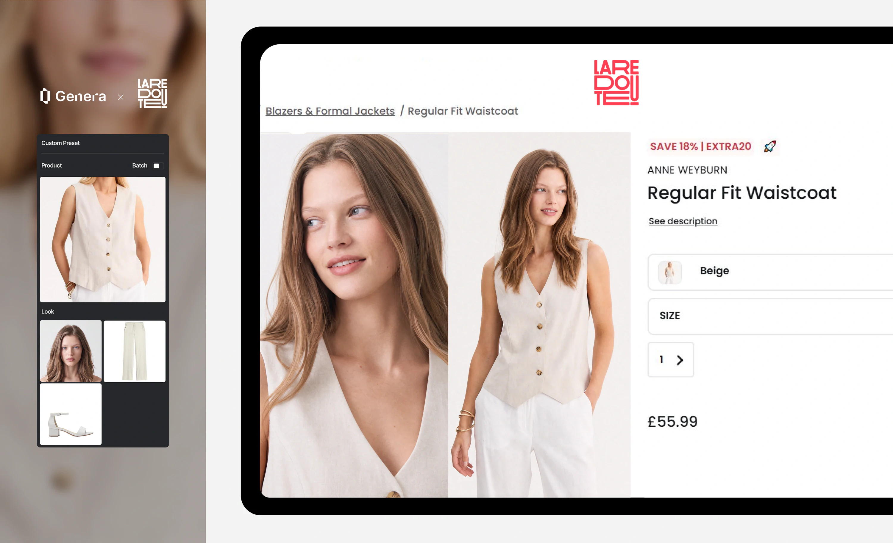 A product listing page showing on-model imagery generated from packshots