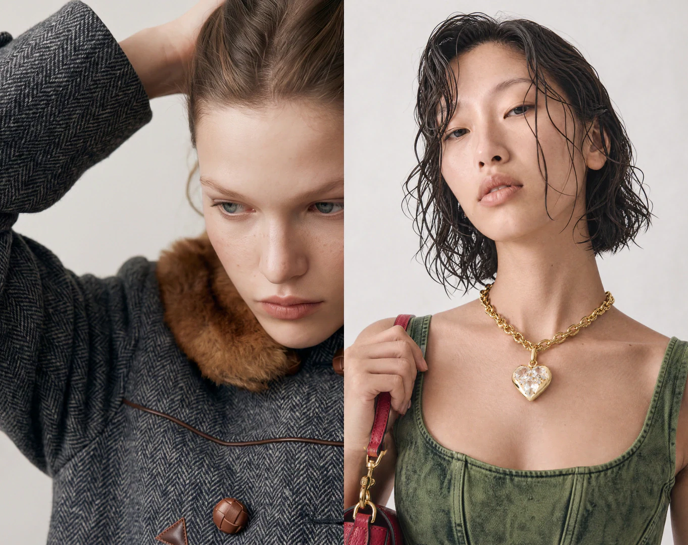 Two AI models on set — one in a herringbone coat with a fur collar, one in a green corset with gold jewellery
