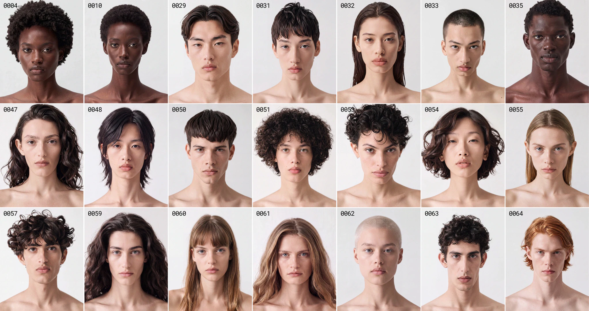 Page one of the Genera casting book — twenty-one AI fashion models shot on the same grey