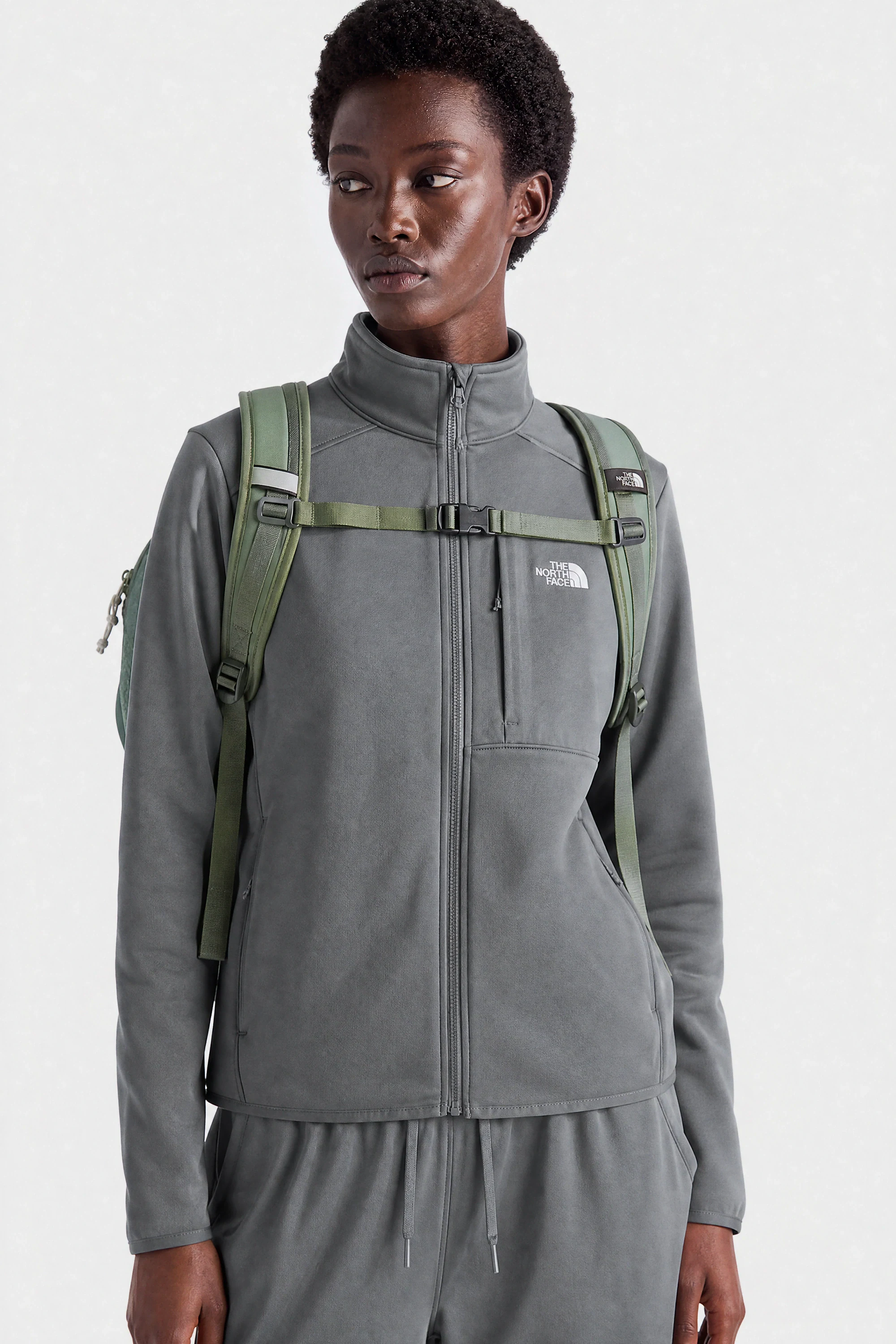 Front view of a fleece jacket worn by a model