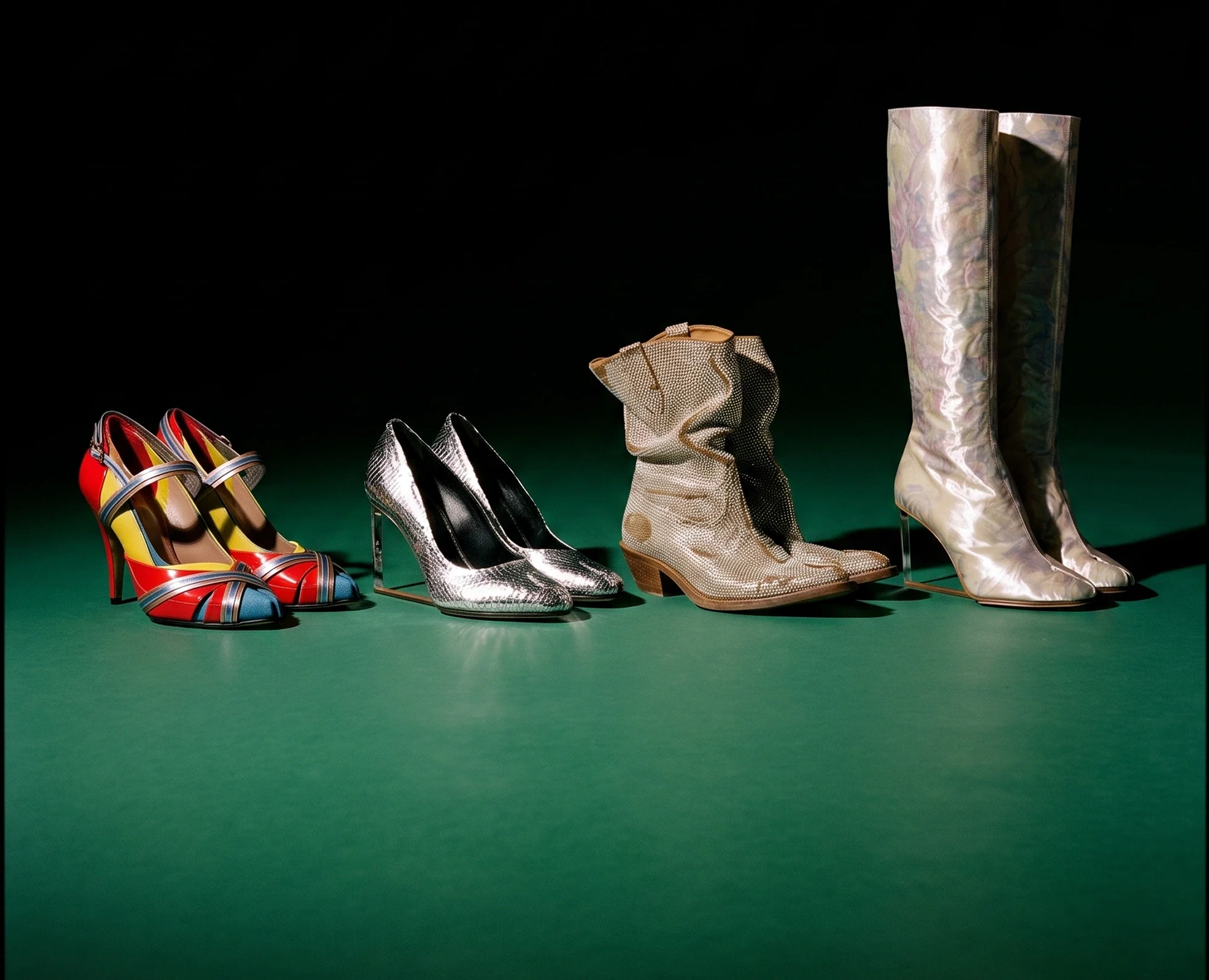 Velva collection footwear photographed as a still life against the season’s set colour