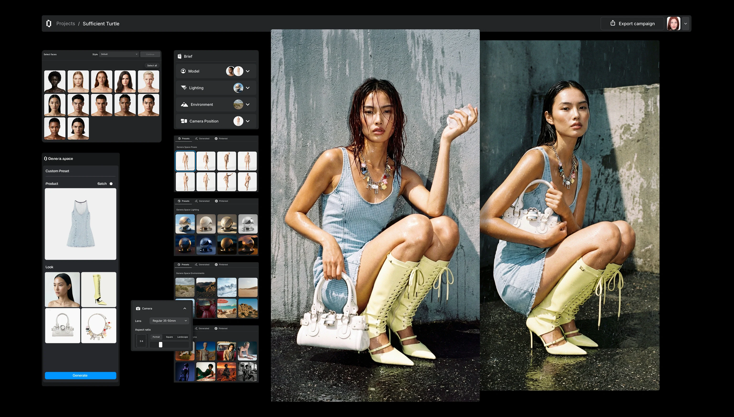 The Genera platform with a garment sketch as input and generated campaign frames beside it