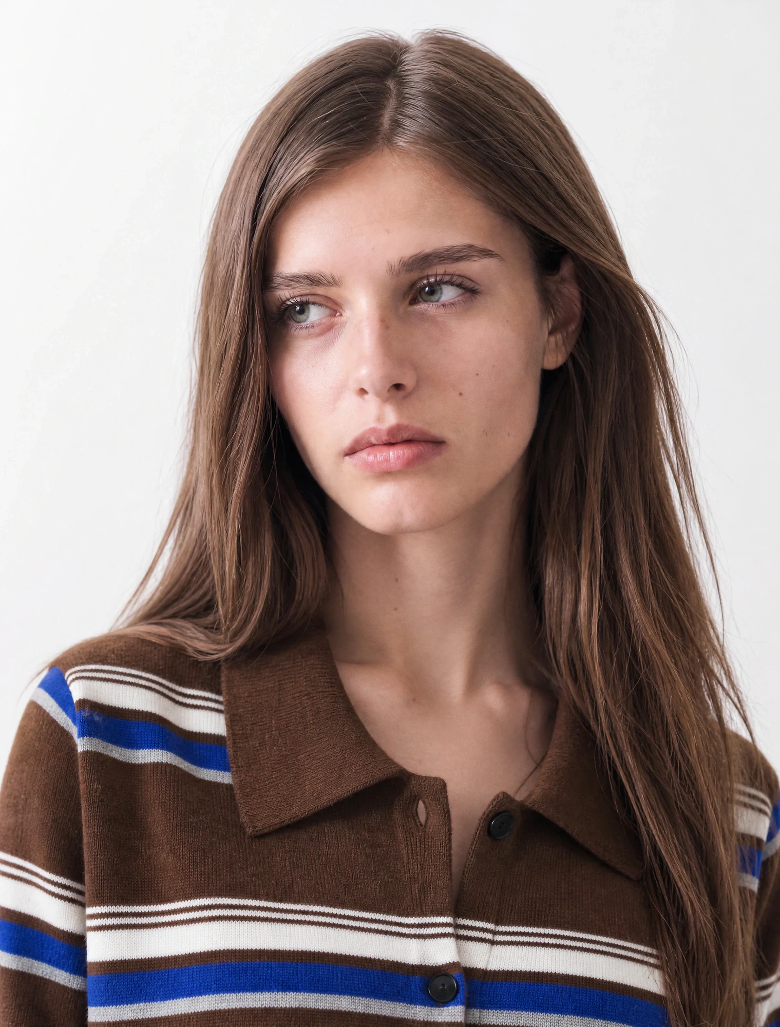 AI-generated on-model image: brown and blue striped knit polo, close-up portrait