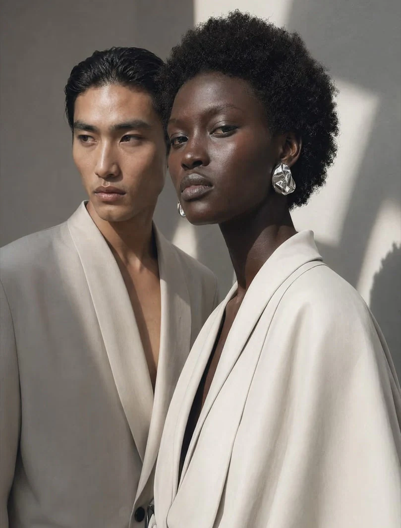 AI-generated on-model image: two models in layered ivory tailoring