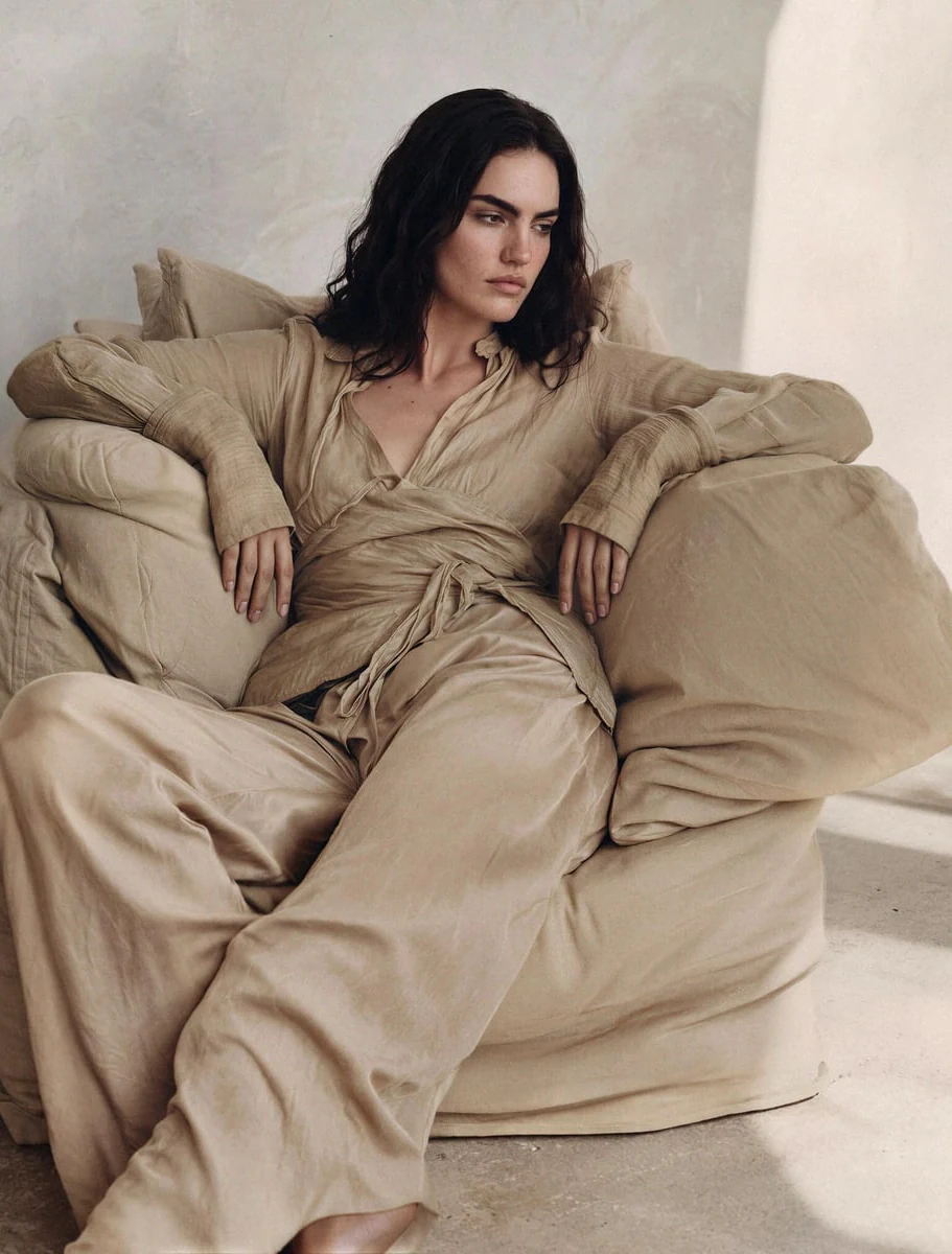 AI-generated on-model image: beige draped jumpsuit photographed seated