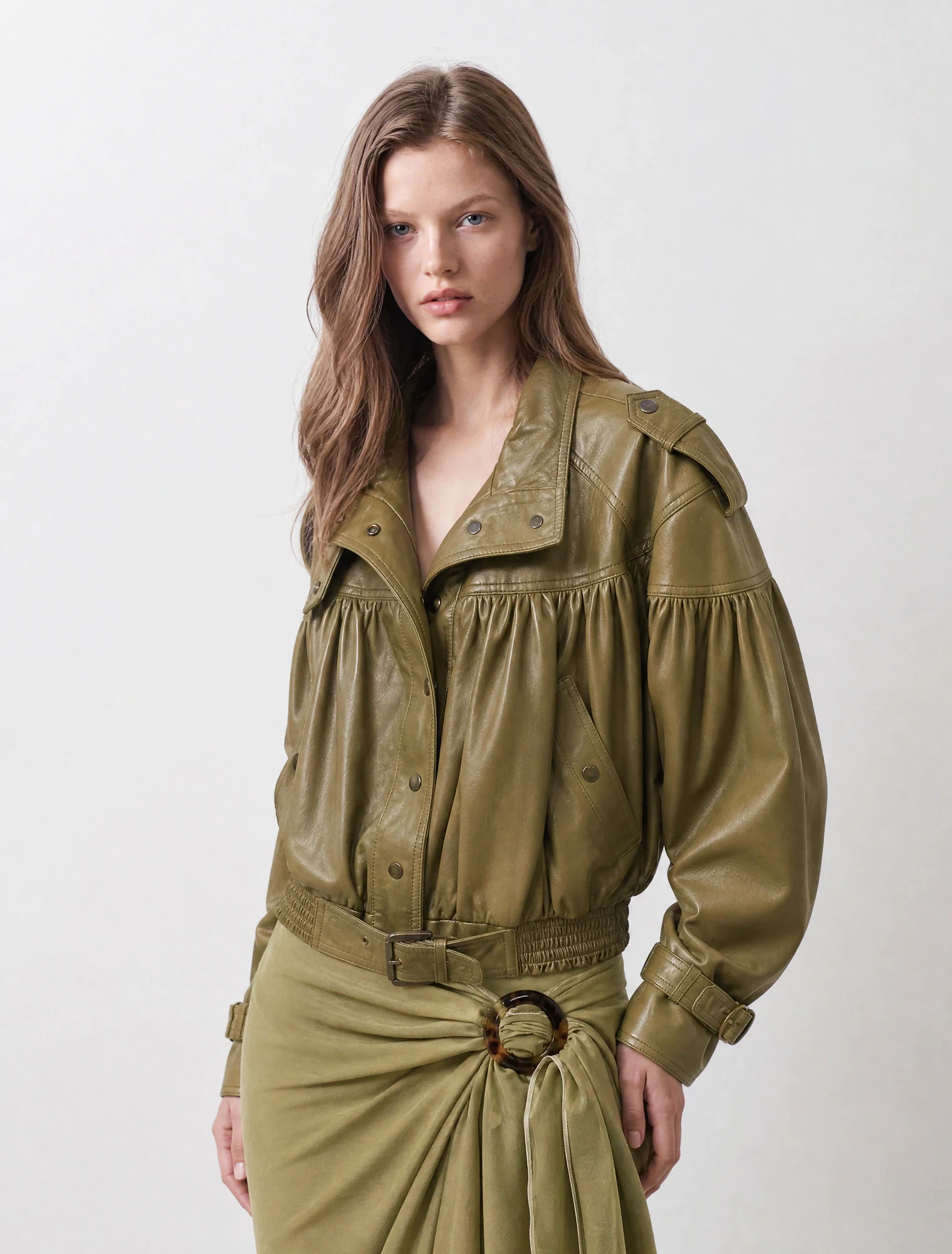 AI-generated on-model image: olive belted utility dress