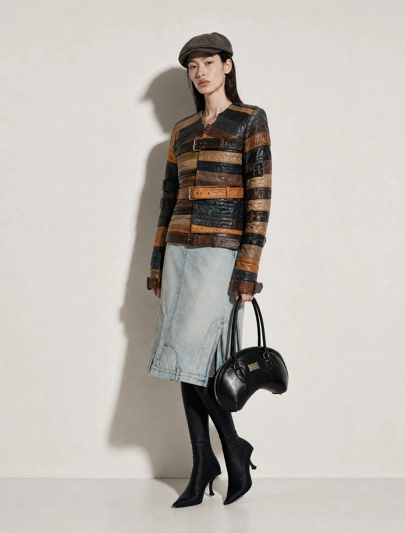 AI-generated on-model image: striped knit with a denim midi skirt and a top-handle bag