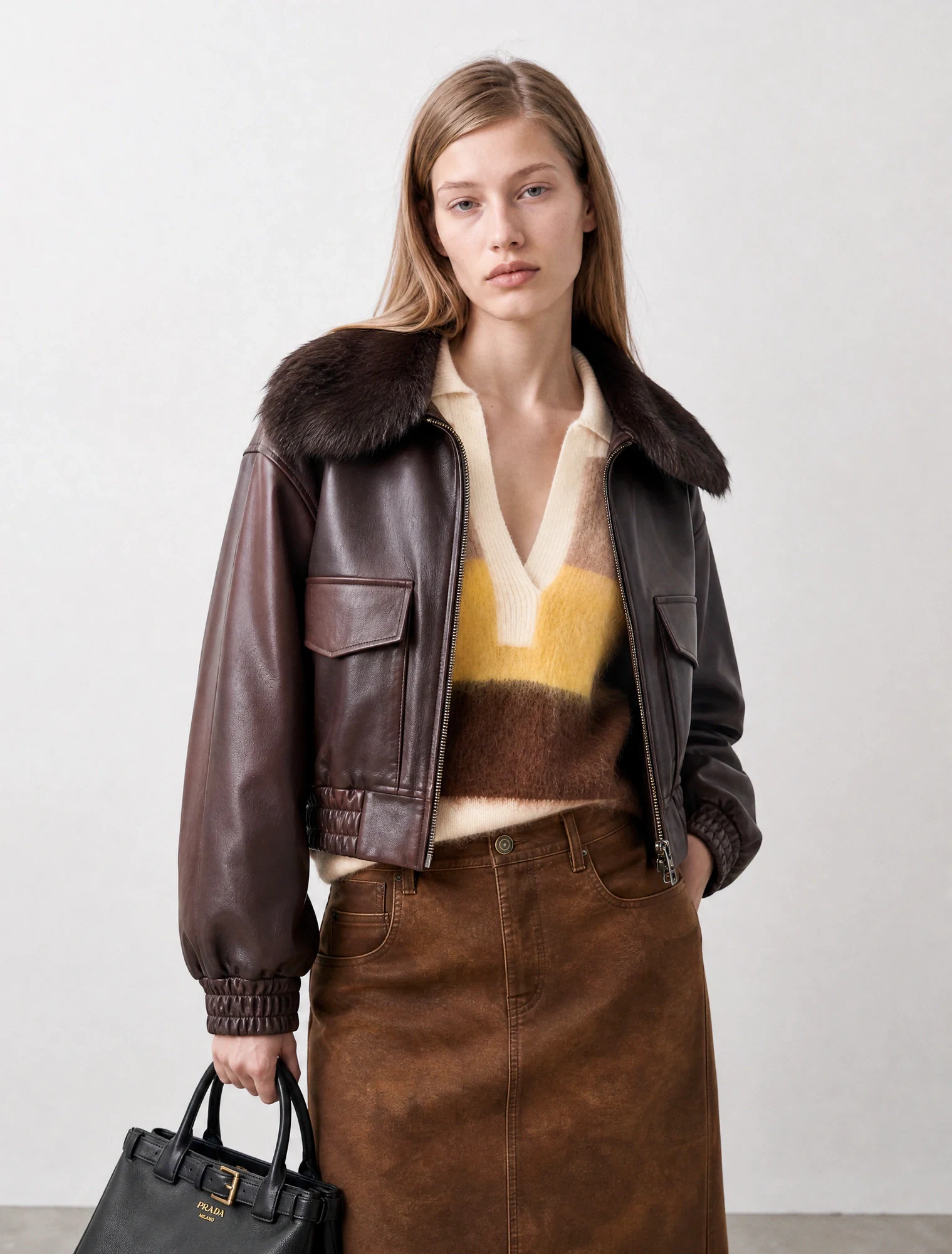 AI-generated on-model image: fur-collar leather jacket over a suede skirt