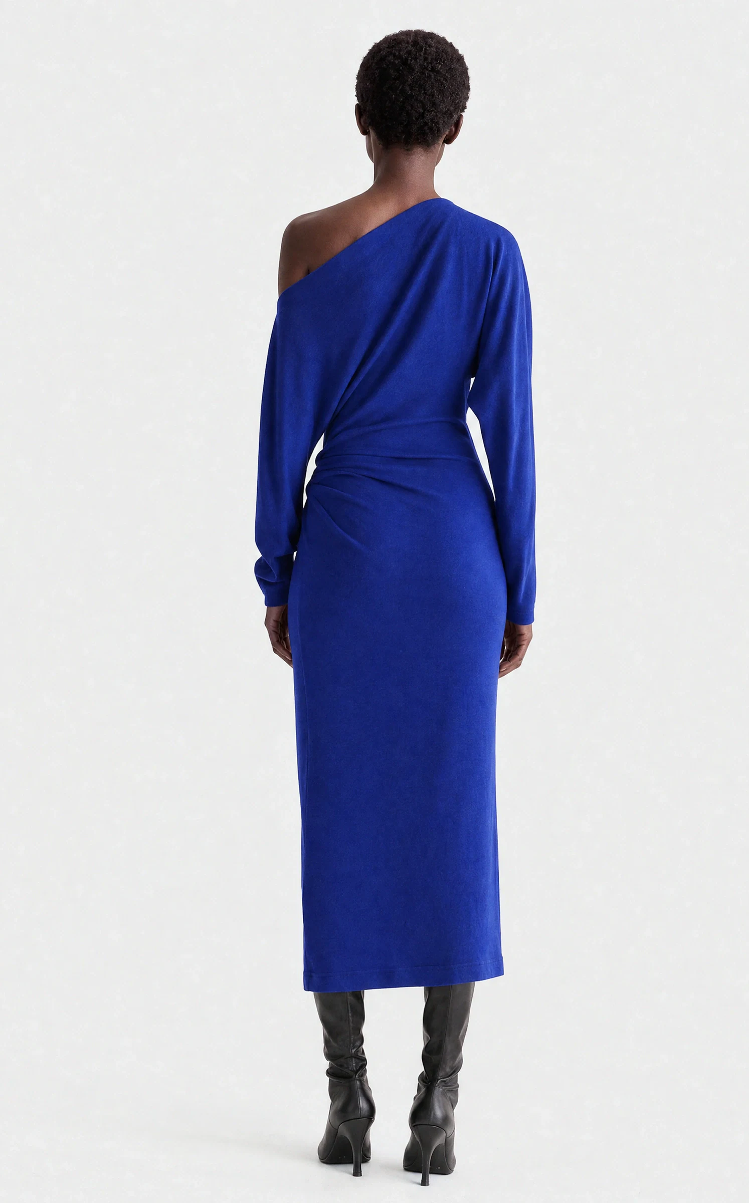 Maison Aro PDP image — cobalt one-shoulder knit midi dress, back view